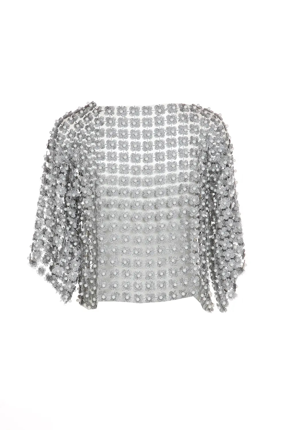 Shimmer Flower and Pearl Mesh Top in Silver