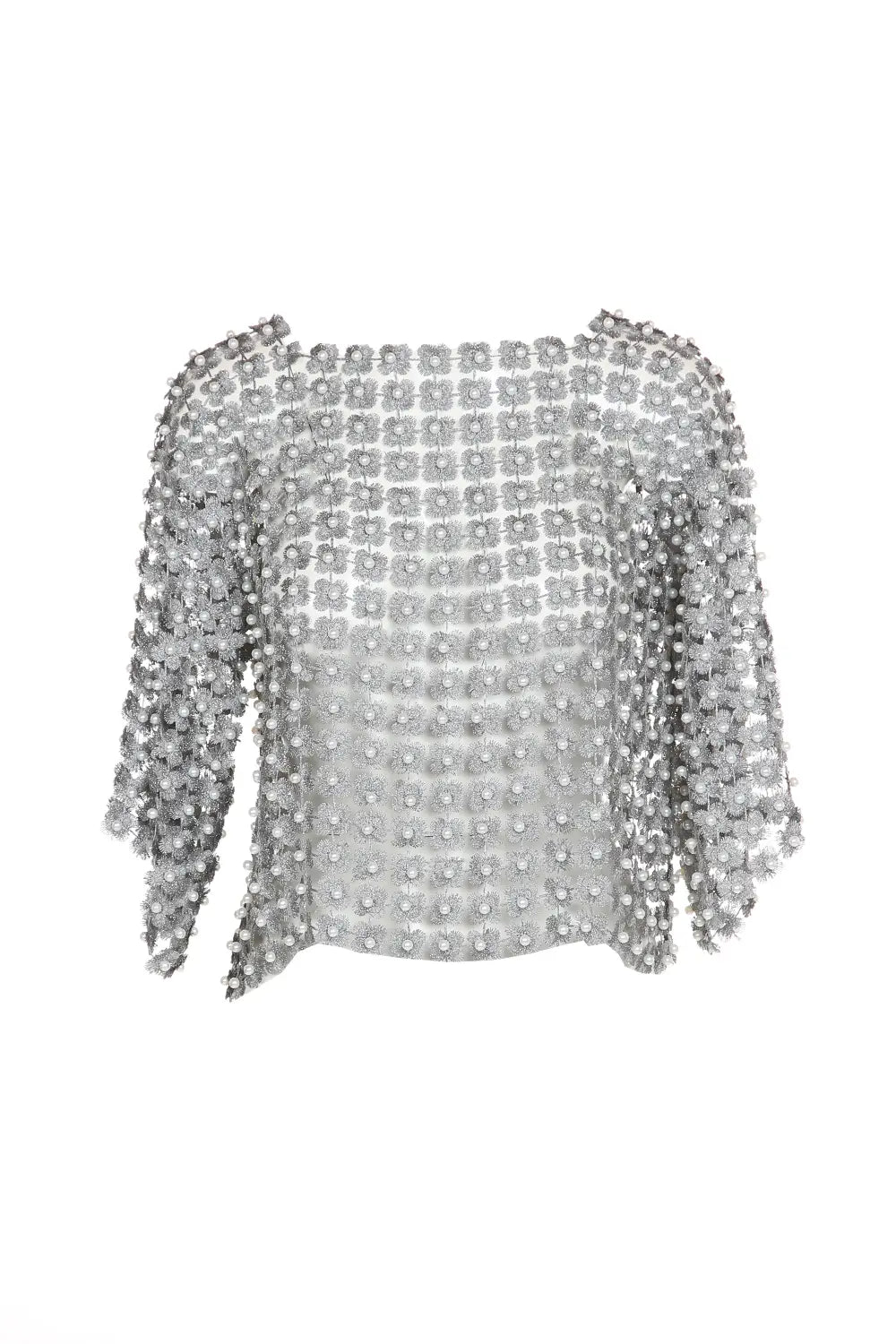 Shimmer Flower and Pearl Mesh Top in Silver