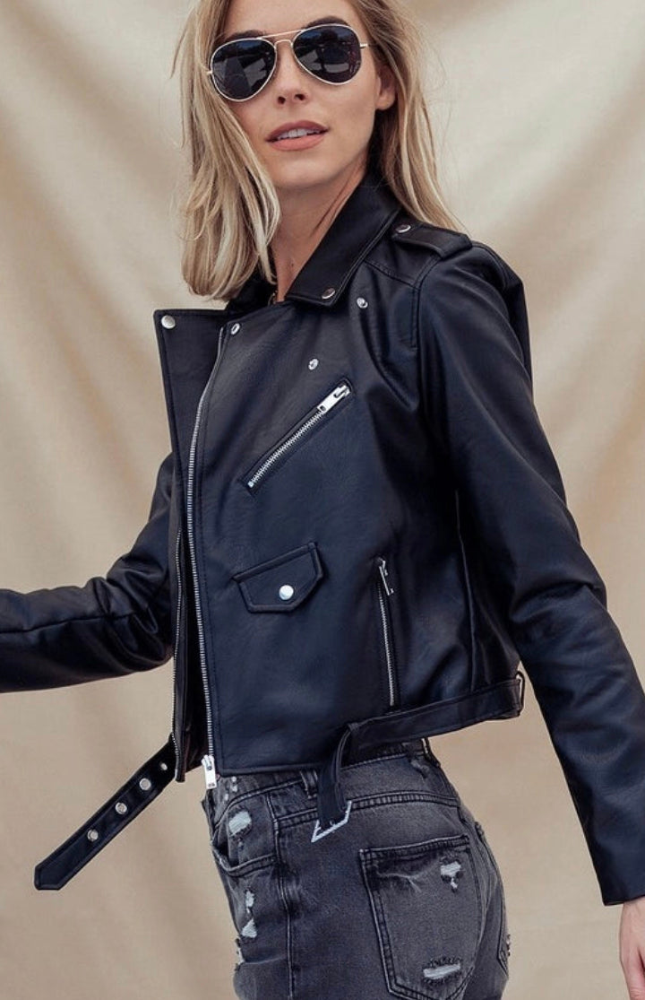 Vegan Leather Moto Jacket With Pockets - Black
