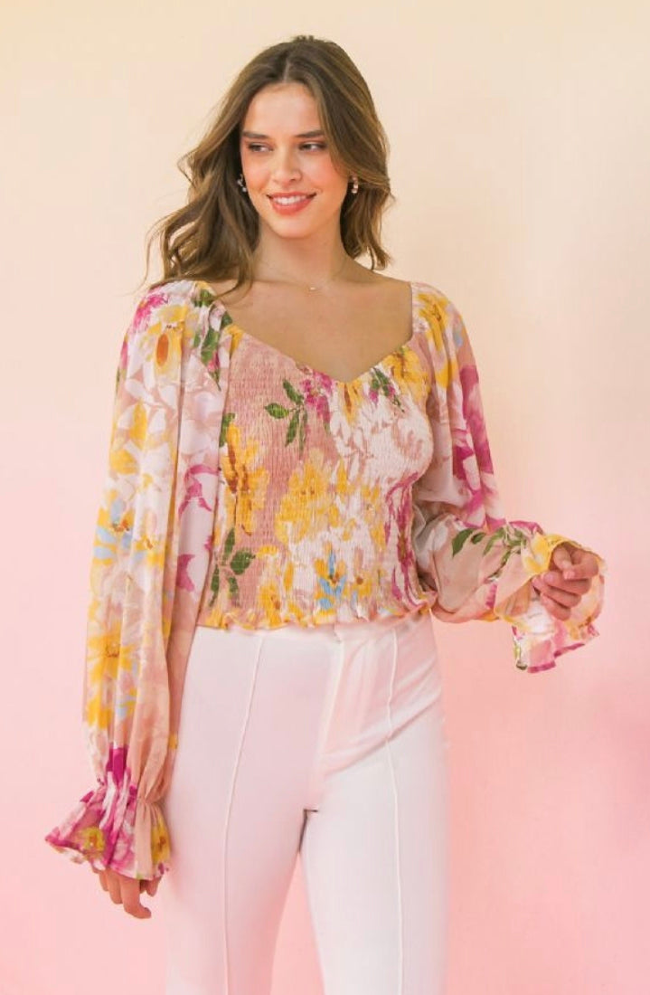 Smocked Bodice Floral Print Top