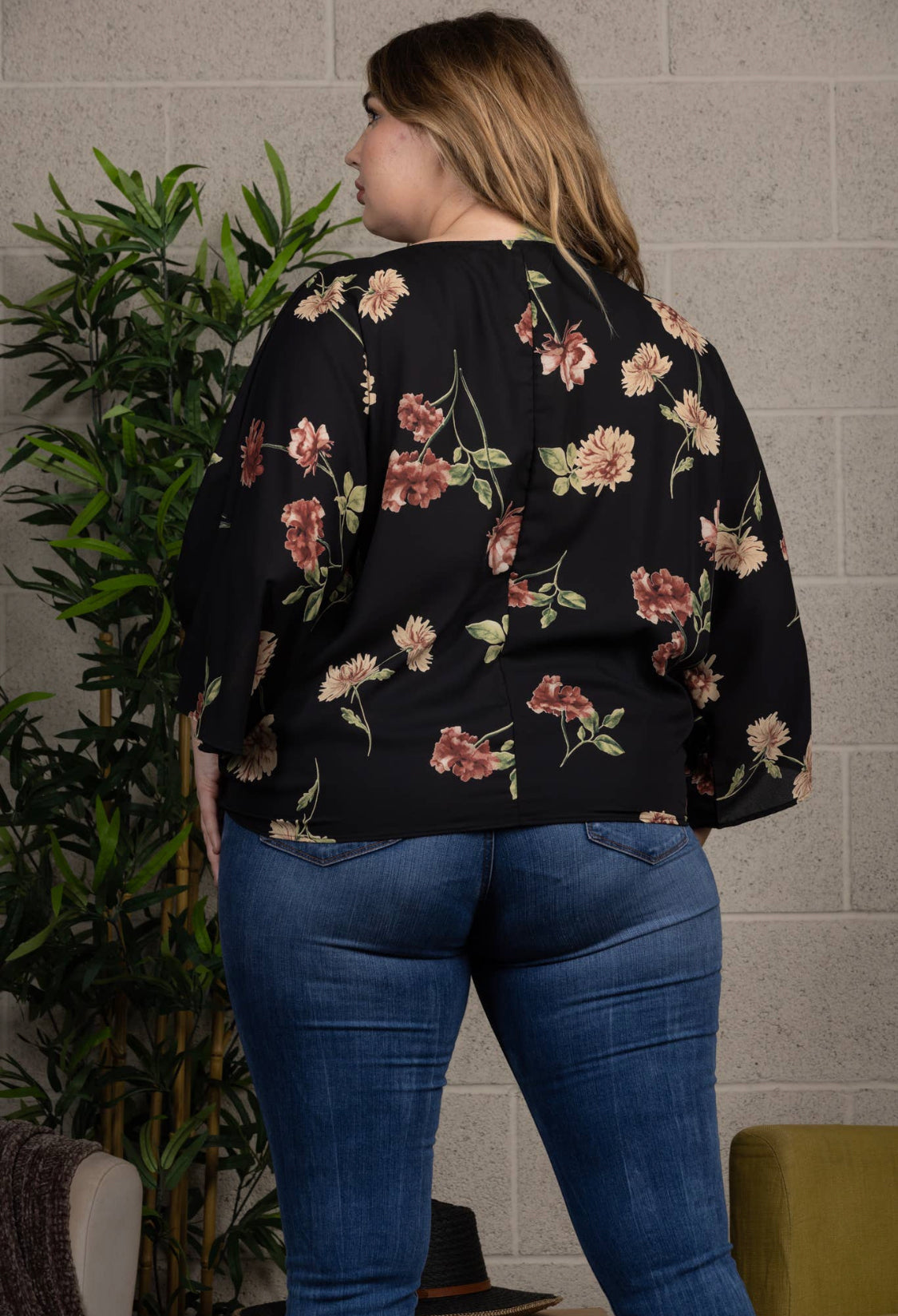 Black Floral Waist Tie Blouse