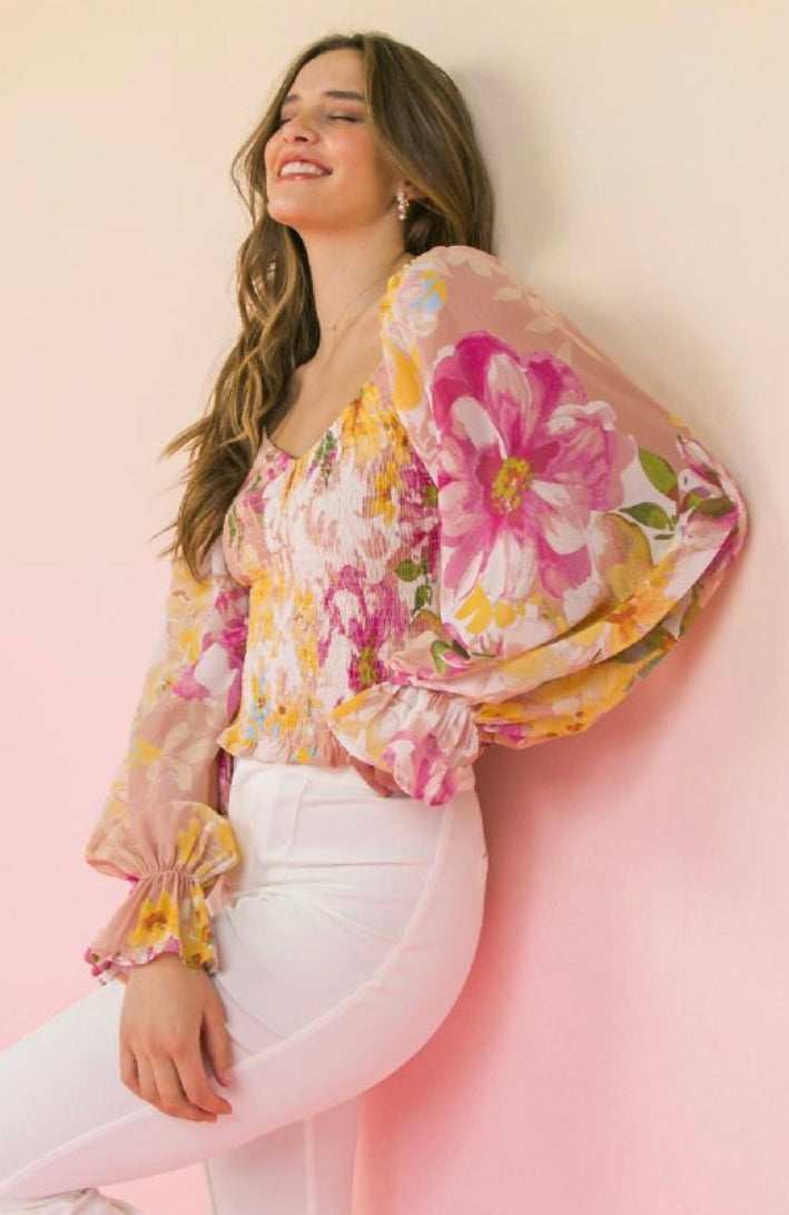 Smocked Bodice Floral Print Top