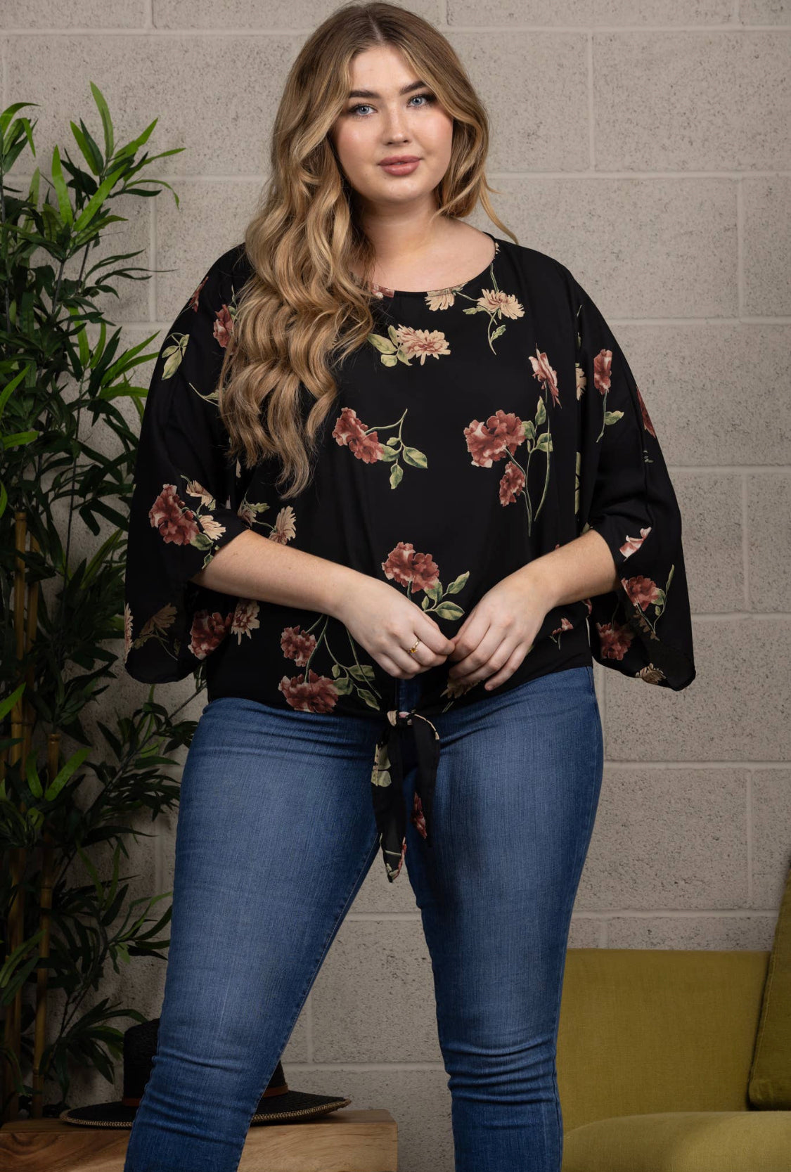 Black Floral Waist Tie Blouse
