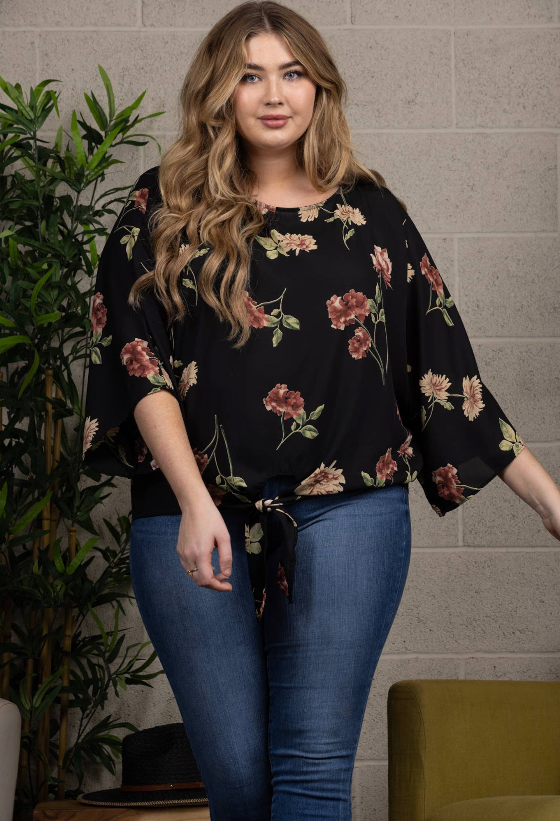 Black Floral Waist Tie Blouse