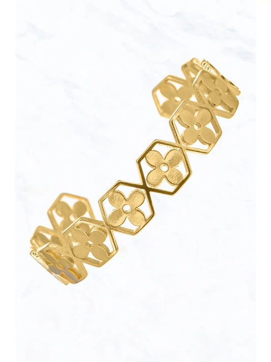 Clover Pattern Brass Gold Dipped Cuff Bracelet