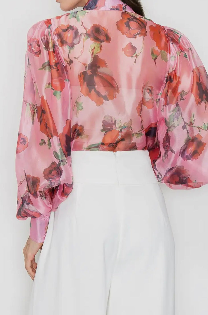 Rose Floral Print Organza Blouse with Puff Sleeves