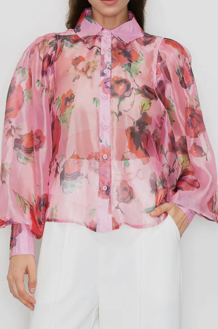 Rose Floral Print Organza Blouse with Puff Sleeves