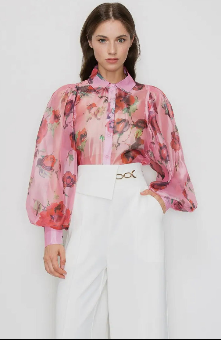 Rose Floral Print Organza Blouse with Puff Sleeves