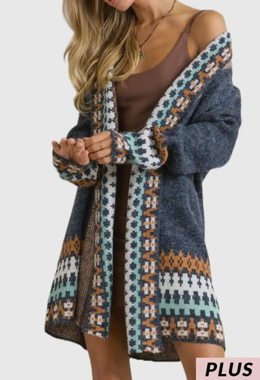 Tribal Trim Cardigan - Plus Sz