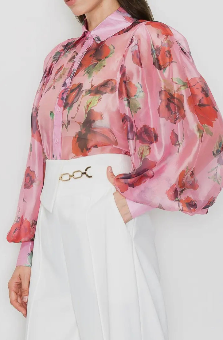 Rose Floral Print Organza Blouse with Puff Sleeves