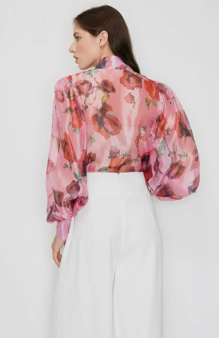 Rose Floral Print Organza Blouse with Puff Sleeves