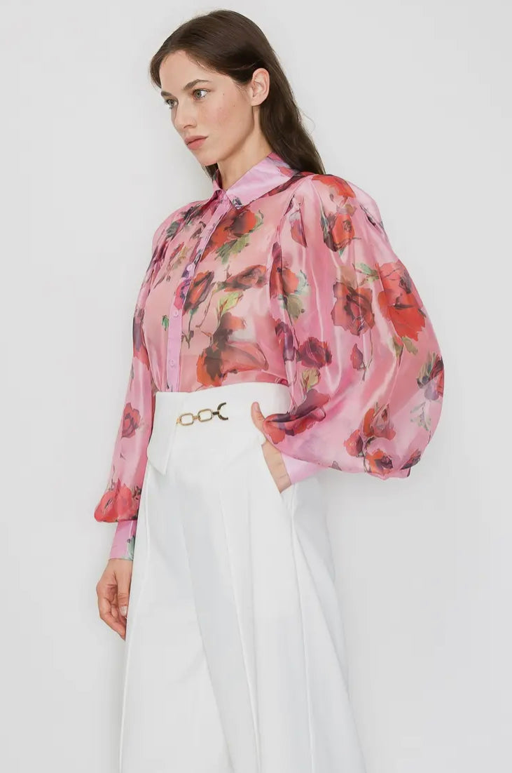 Rose Floral Print Organza Blouse with Puff Sleeves