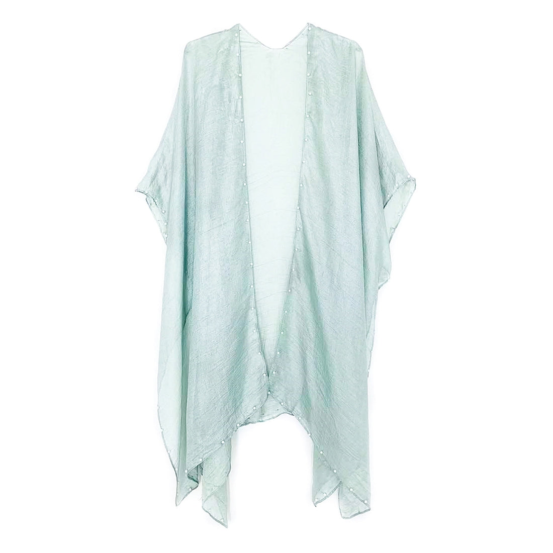 Aqua Silk Blend Pearl Trim Kimono