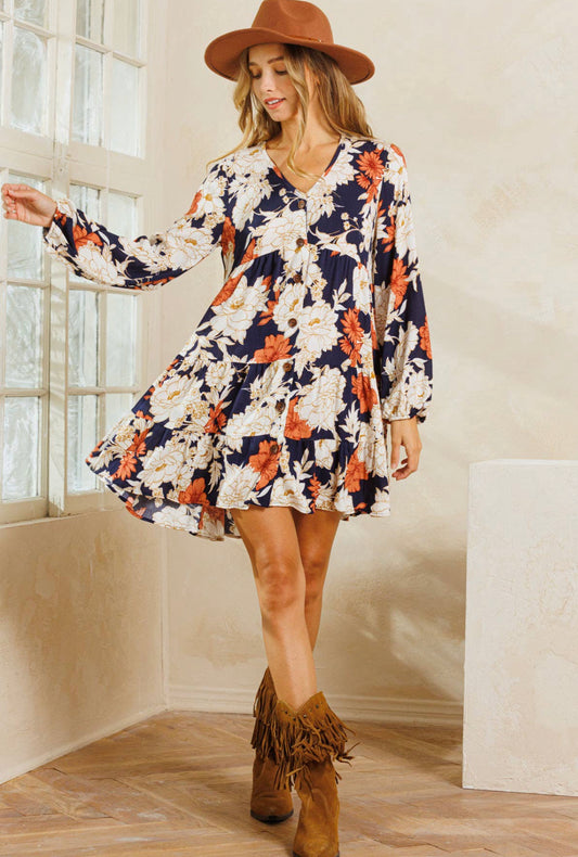 Fun Floral V-Neck Tiered Mini Dress