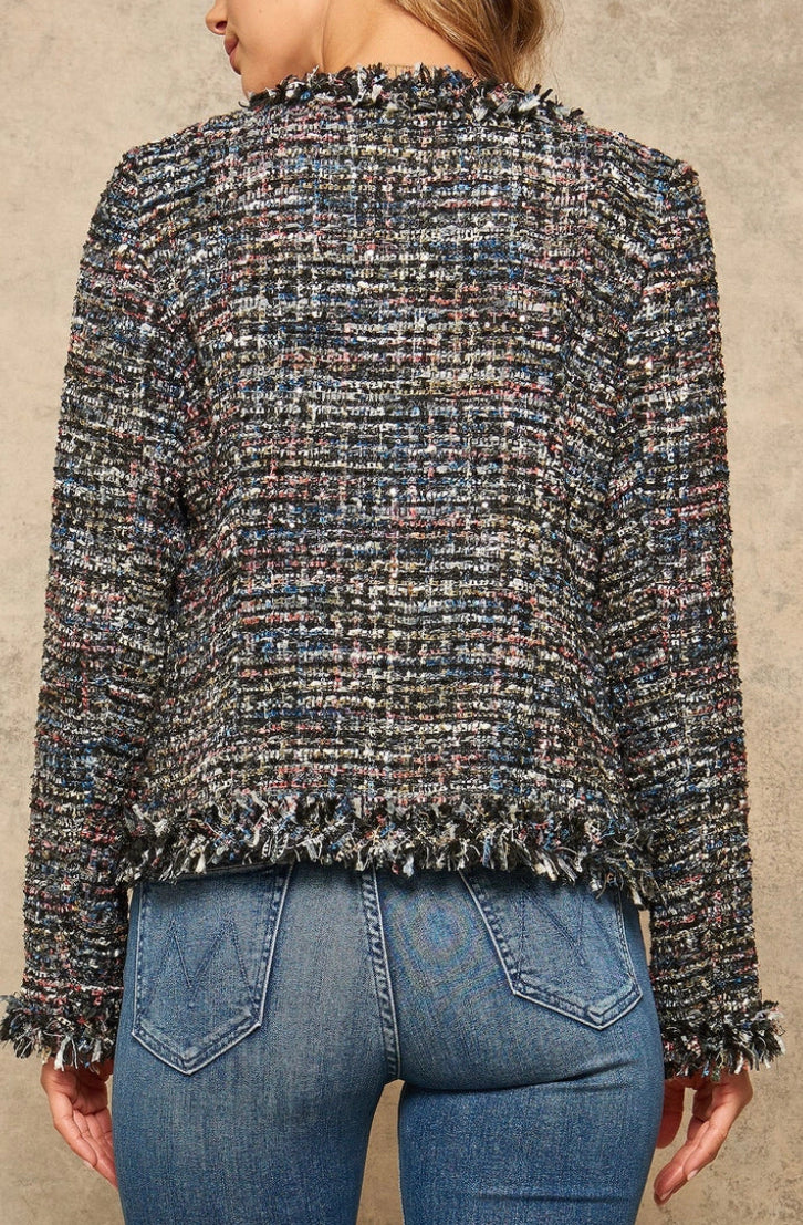 Multicolor Tweed Open Front Frayed Jacket