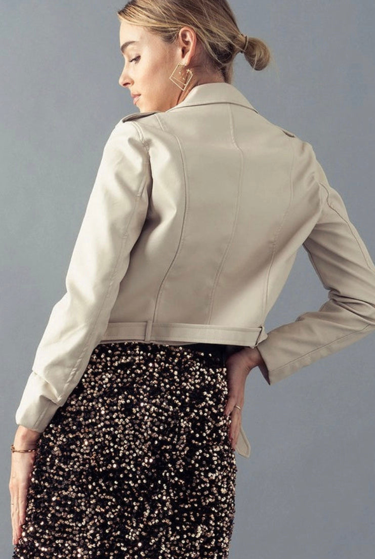 Vegan Leather Moto Jacket With Pockets - Cream