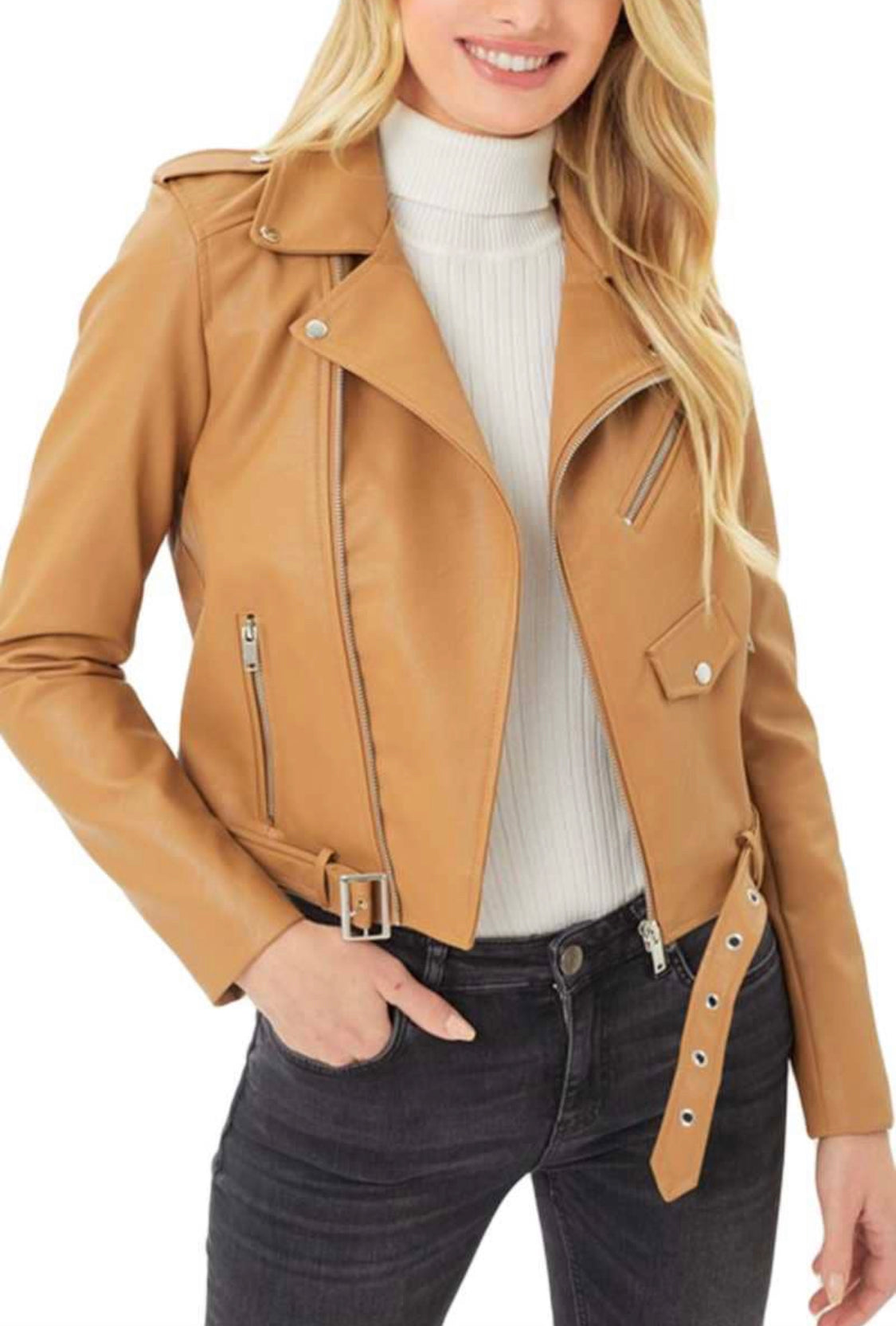 Vegan Leather Moto Jacket With Pockets - Camel