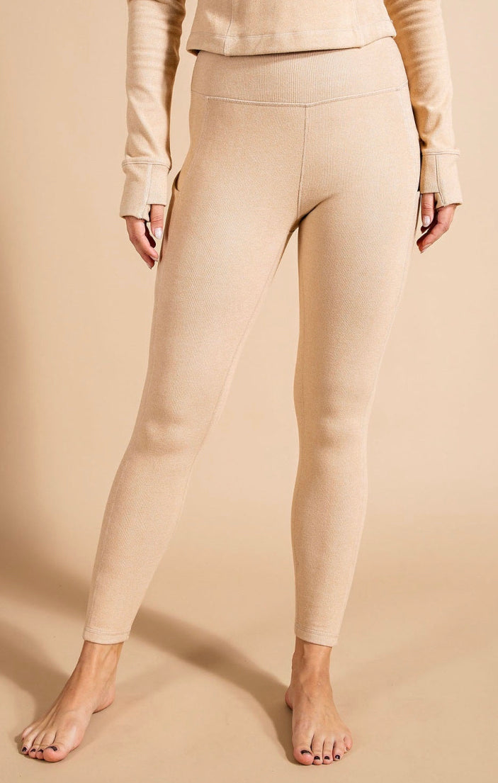 RIB BRUSHED HIGH RISE LEGGINGS WITH POCKETS - Camel