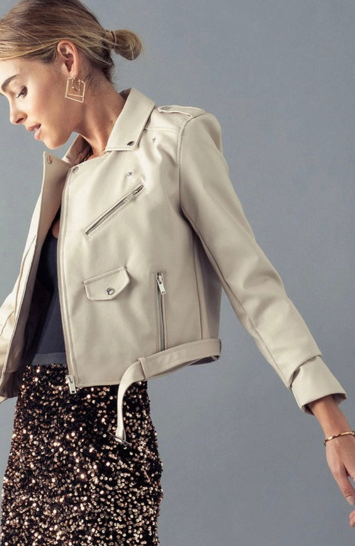 Vegan Leather Moto Jacket With Pockets - Cream