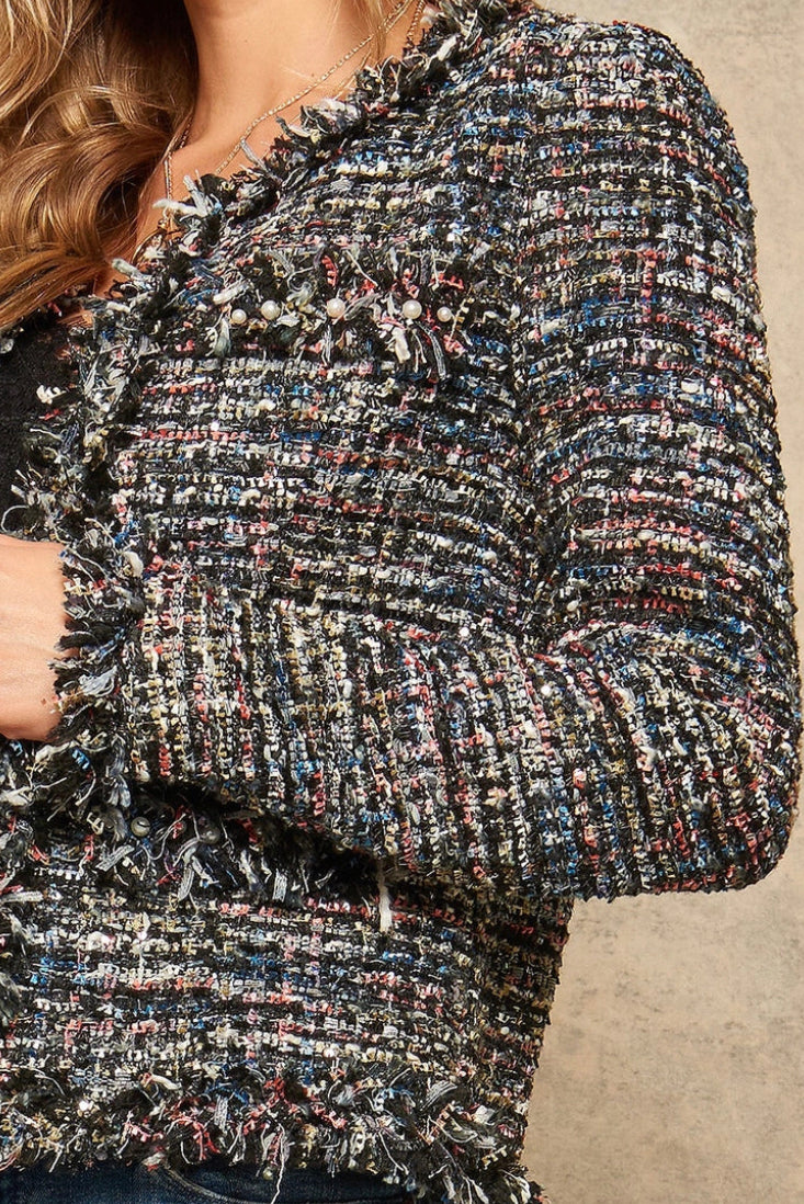 Multicolor Tweed Open Front Frayed Jacket