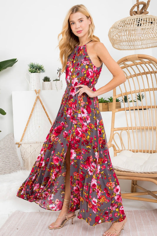 FLORAL PRINT HALTER NECK MAXI DRESS