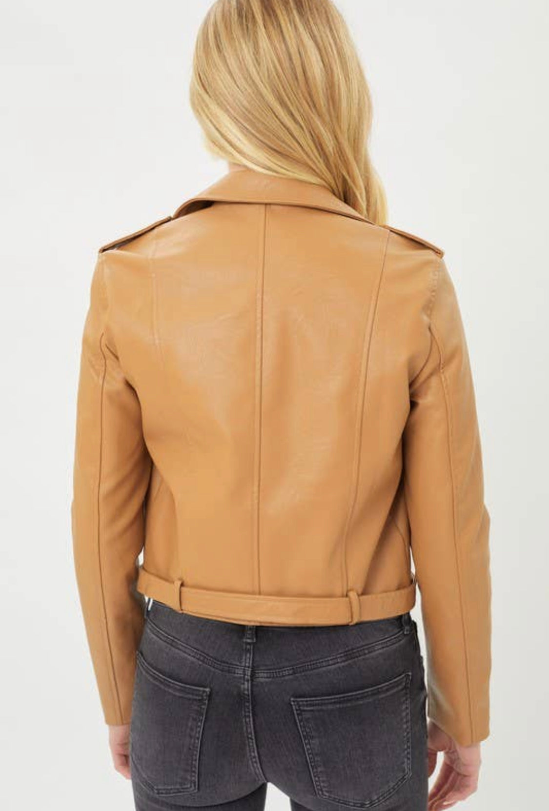 Vegan Leather Moto Jacket With Pockets - Camel