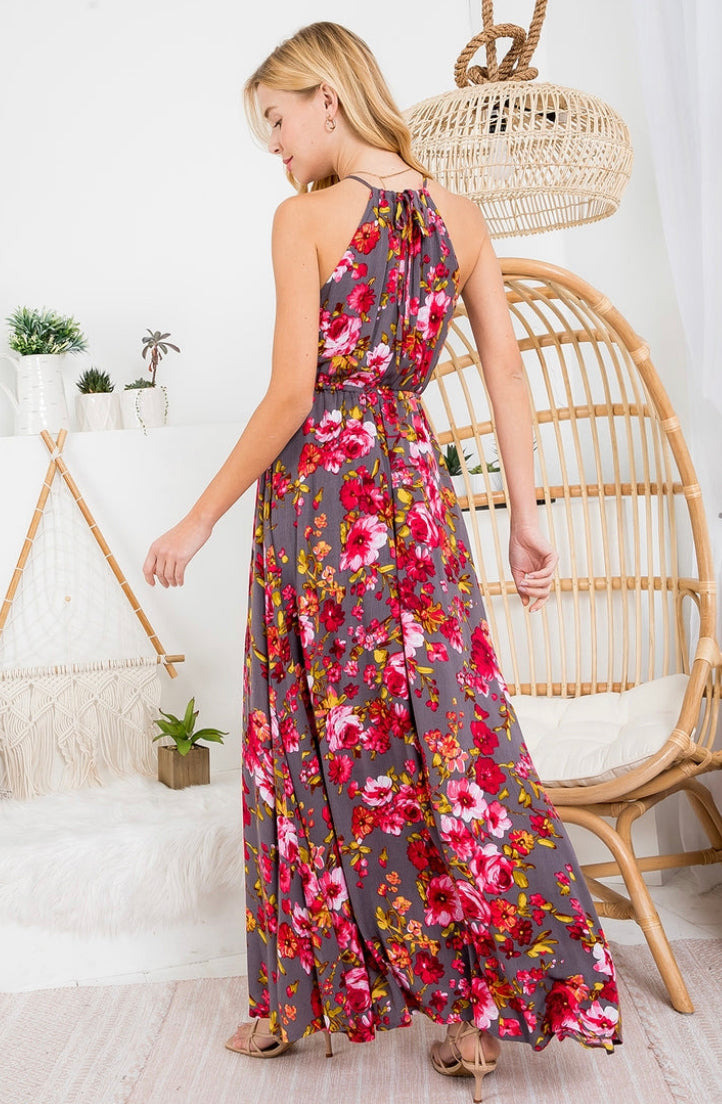 FLORAL PRINT HALTER NECK MAXI DRESS