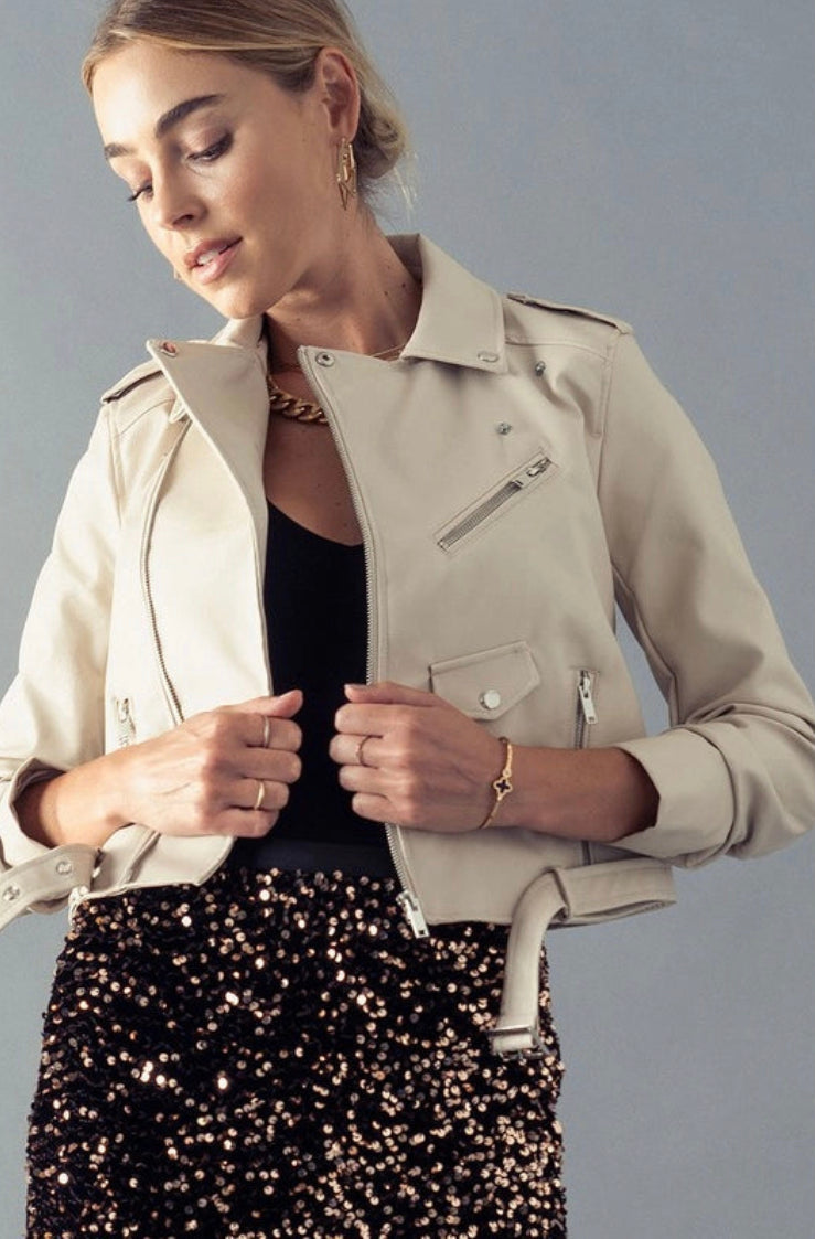 Vegan Leather Moto Jacket With Pockets - Cream