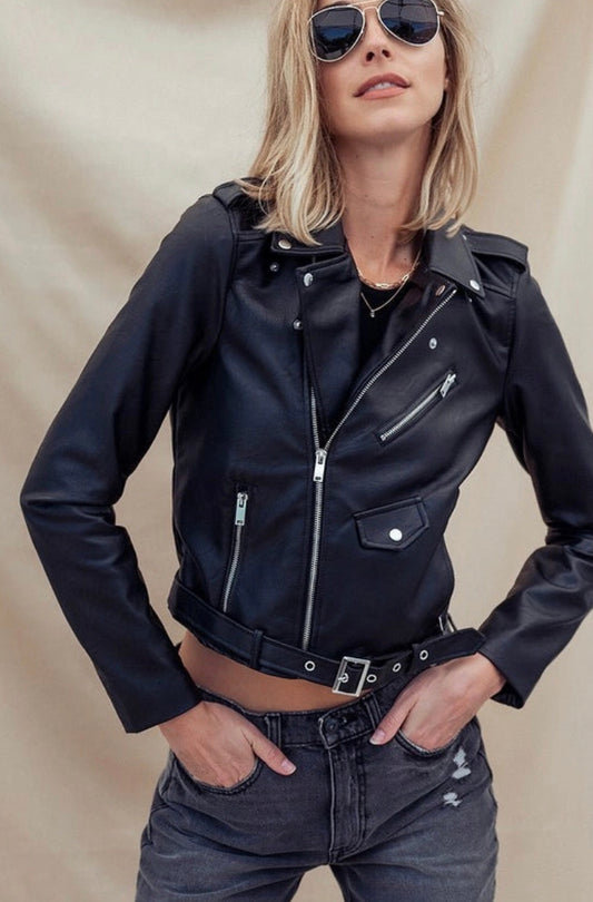 Vegan Leather Moto Jacket With Pockets - Black