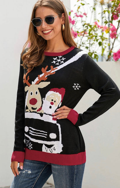 Reindeer Santa Clause Cartoon Print Ugly Christmas Sweater