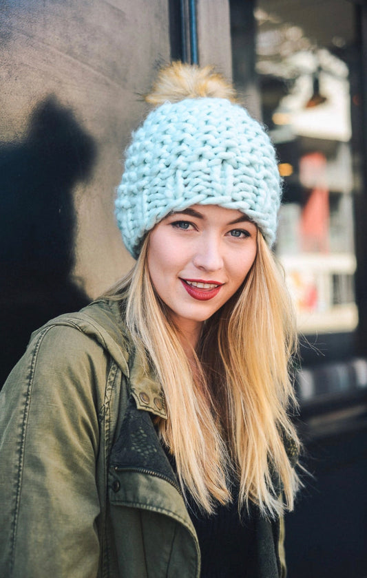 Oversized Chunky Pom Beanie - Mint