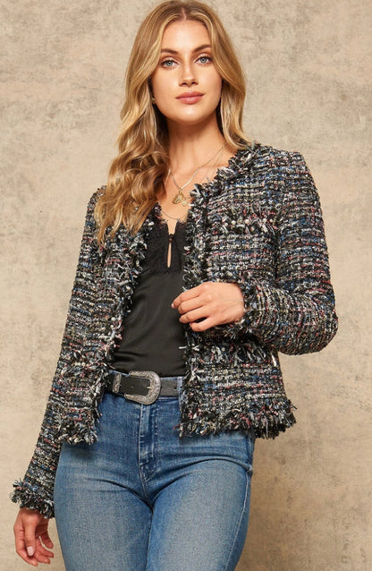 Multicolor Tweed Open Front Frayed Jacket