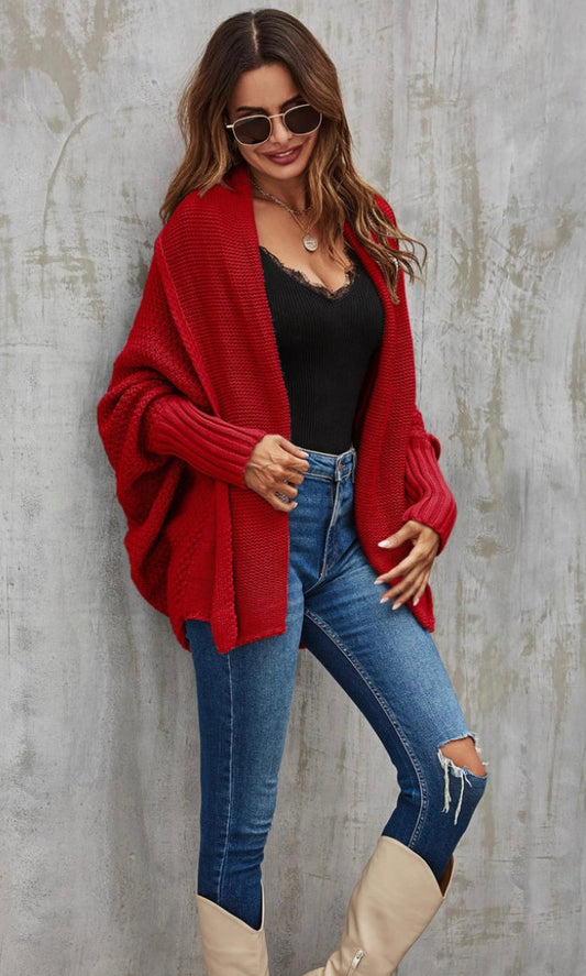 Chunky Pleat Oversized Cardigan In Dark Red